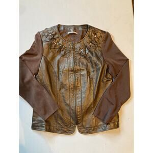 Peter Nygård Bronze Leather & Knit Embellished Jacket Sz M Floral Appliqué